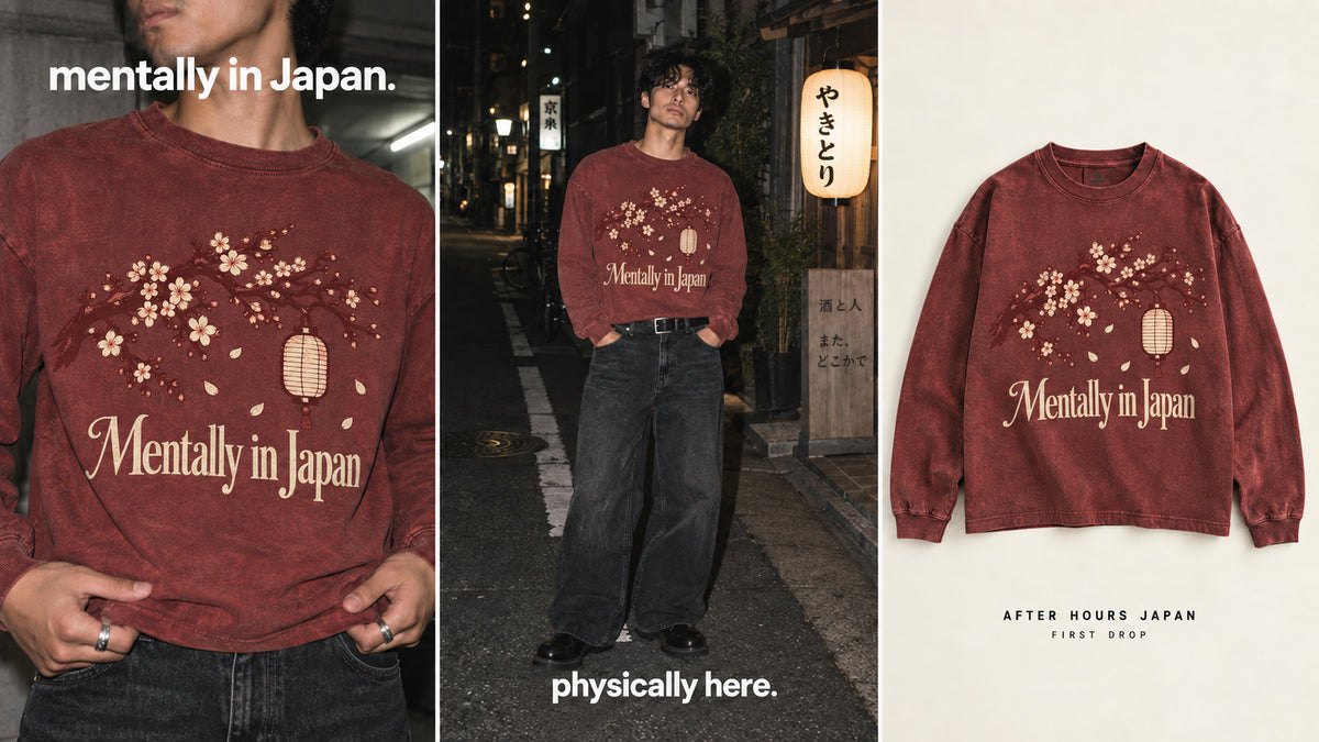 After Hours Japan campaign collage showing the Mentally in Japan long sleeve worn at night and as a product flat lay