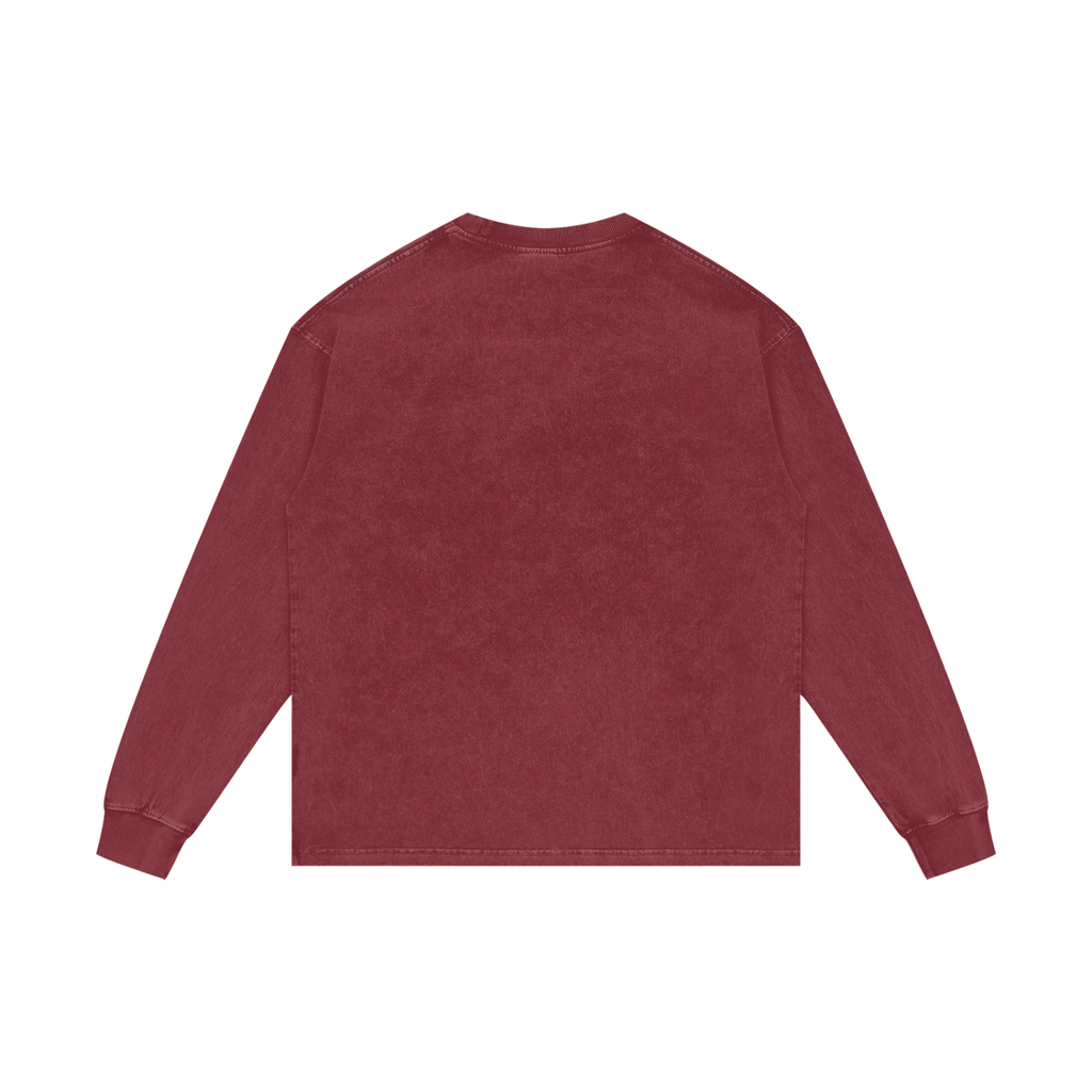 Back view of dark red acid wash oversized long sleeve shirt