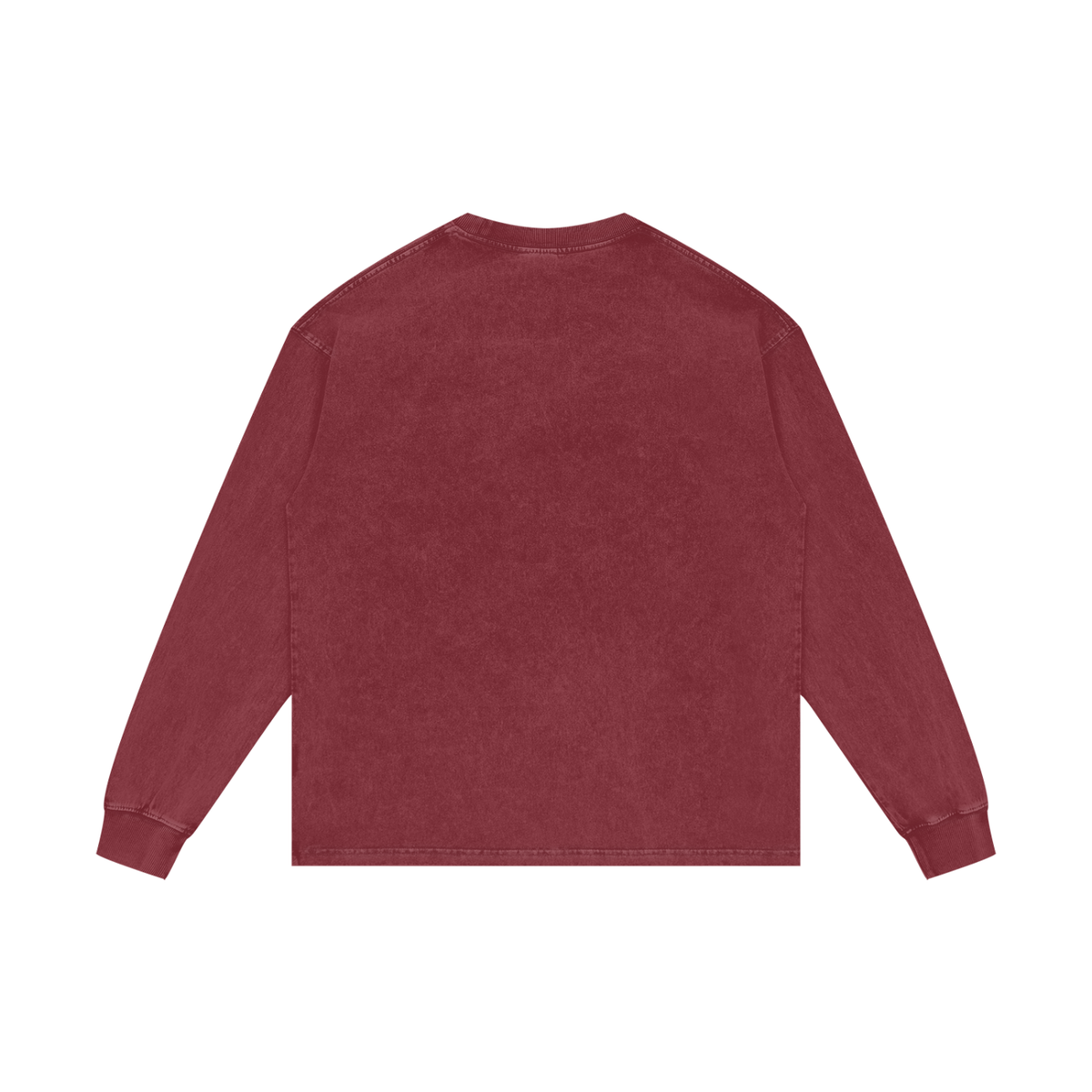 Back view of dark red acid wash oversized long sleeve shirt