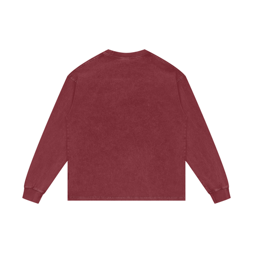 Back view of dark red acid wash oversized long sleeve shirt