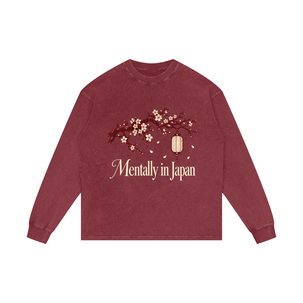 Front view of dark red acid wash long sleeve with ivory cherry blossom, lantern and Mentally in Japan graphic
