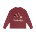 Front view of dark red acid wash long sleeve with ivory cherry blossom, lantern and Mentally in Japan graphic