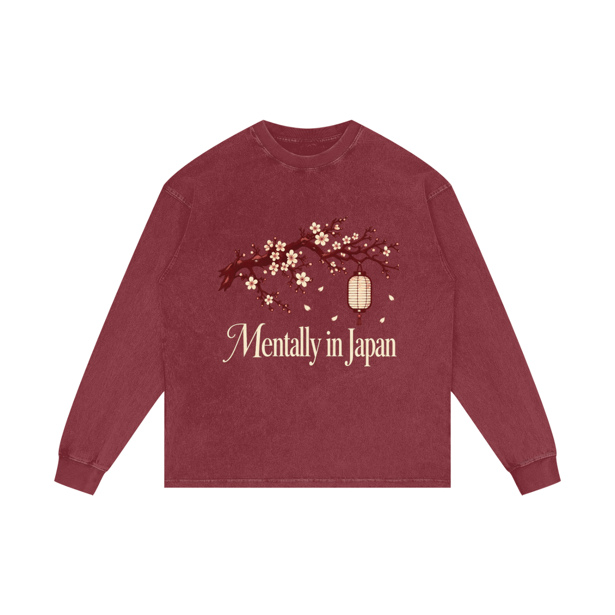 Front view of dark red acid wash long sleeve with ivory cherry blossom, lantern and Mentally in Japan graphic