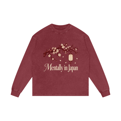 Front view of dark red acid wash long sleeve with ivory cherry blossom, lantern and Mentally in Japan graphic