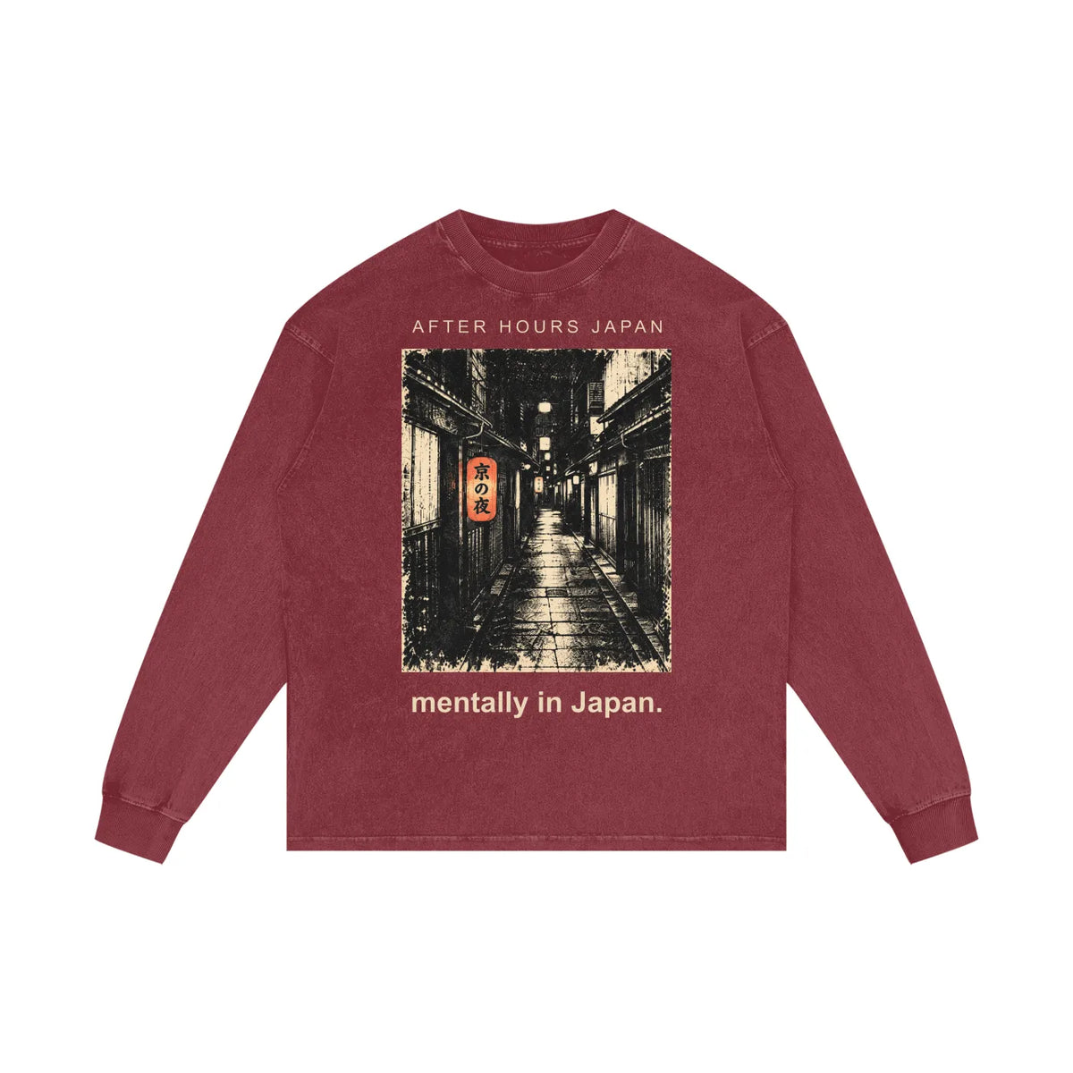 Digital product preview of the washed red After Hours Japan longsleeve with enlarged front print